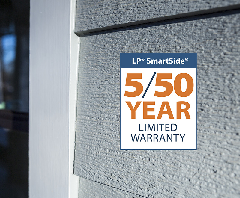 Closeup of LP siding which has a 5/50 year warranty