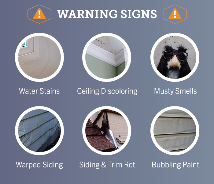 warning signs: water stains, ceiling discoloring, musty smells, warped siding, siding & trim rot, bubbling paint